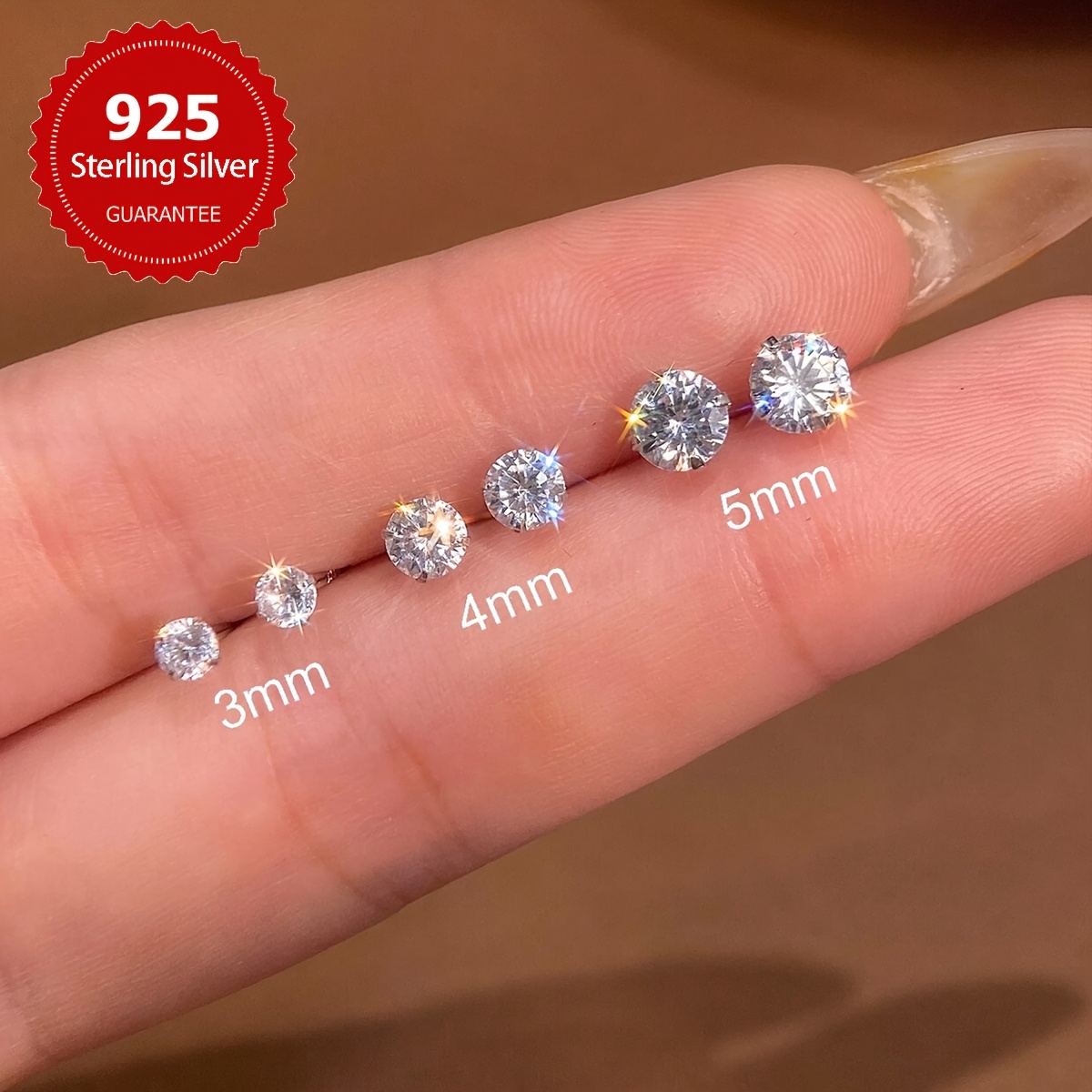 3 Pairs Sterling Silver Sparkling Stud Earrings Set